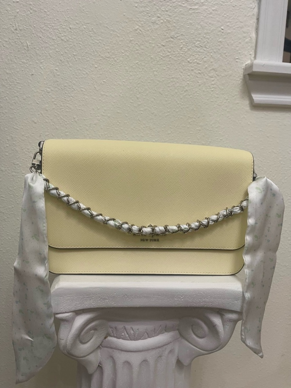 Bag Charm: Floral Scarf Bag Chain Accessory - White with blue green Floral